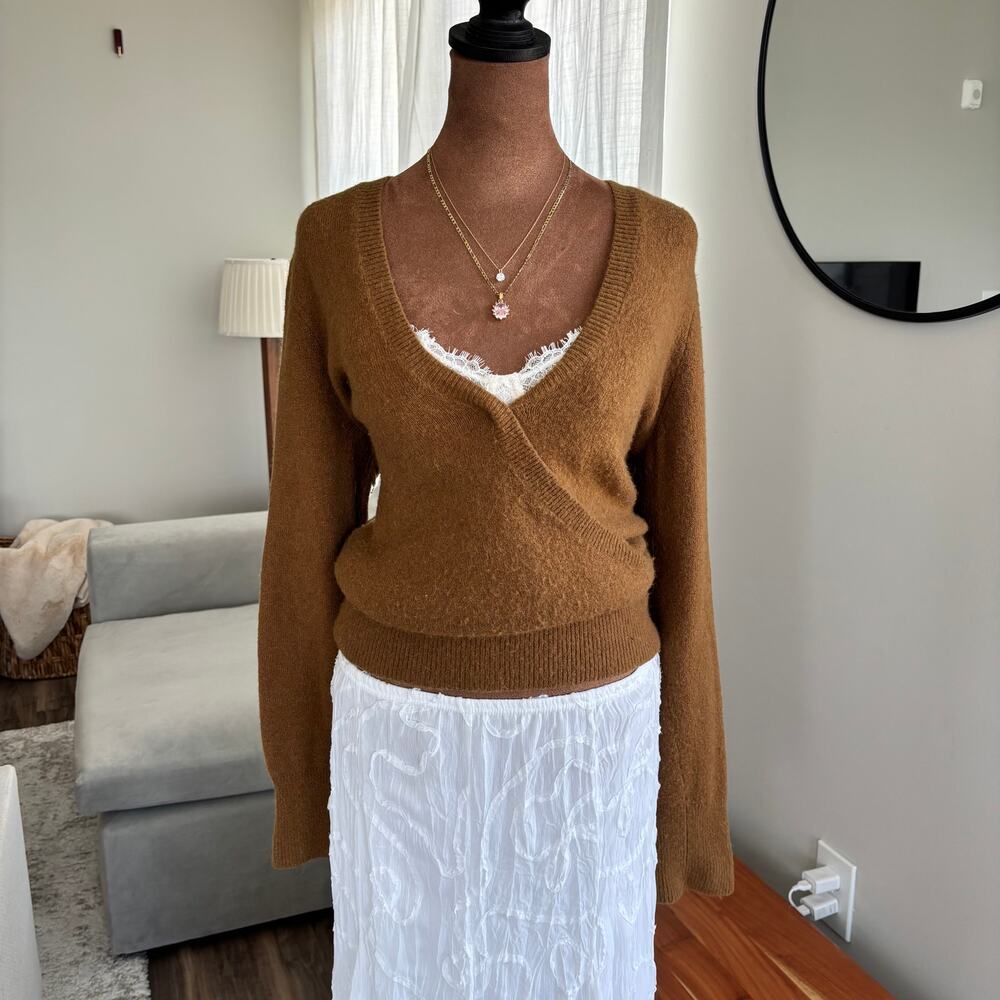 Madewell Wrap Front Sweater Camel Alpaca Wool Blend Coziest Yarn Size Medium - Picture 2 of 15